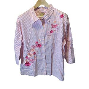 Bechamel Pink White Striped Floral Embroidered 3/4 Sleeve Button Up Top Sz XL